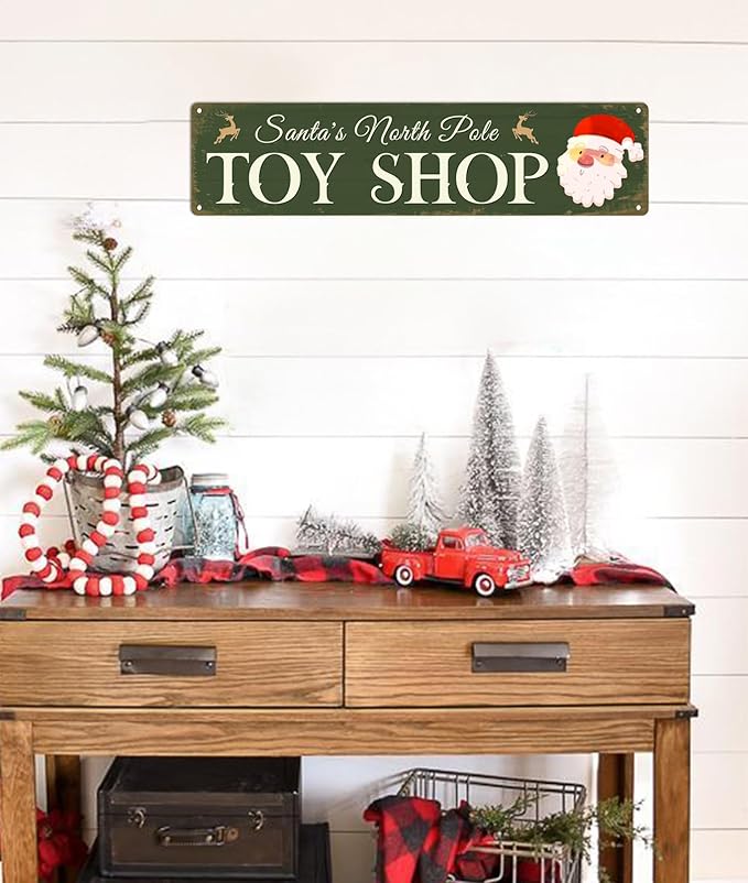 Santa's North Pole Toy Shop Christmas Metal Sign Vintage Print Art Poster Tin Plaque for Home Farmhouse Kitchen Patio Yard Cafe Bar Front Door Wall Decor 4x16 Inch