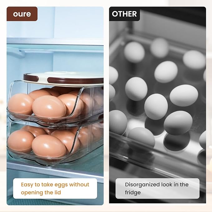 Egg Holder for Fridge, Automatic Rolling Egg Organizer for Refrigerator, Clear Plastic Egg Container & Tray, Stackable Dispenser and Storage Bin For Organizers and Storage -2 Layer