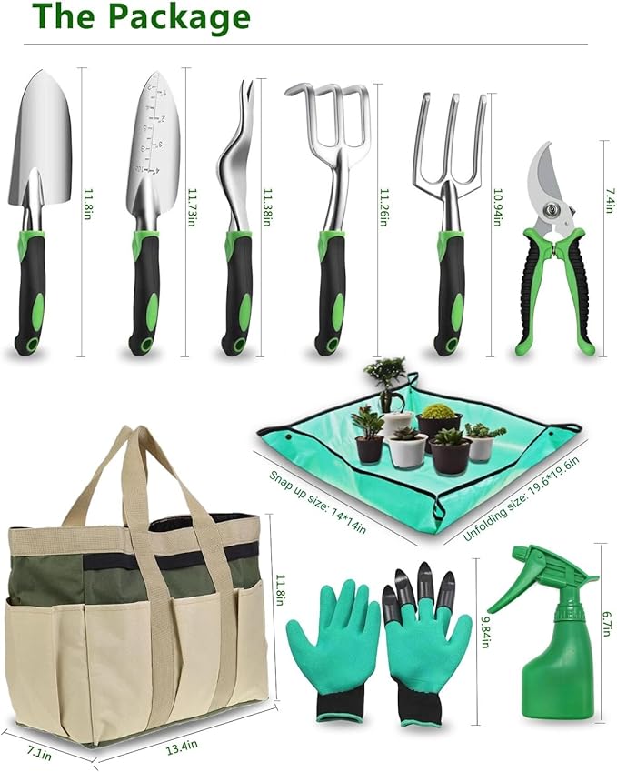 Garden Tool Set, Heavy Duty Gardening Tools with Non-Slip Rubber Grip, Includes Shovel Trowel Fork Rake Gardening Gloves Organizer Handbag, Gifts for Women and Men (Professional Set (10 PCS))