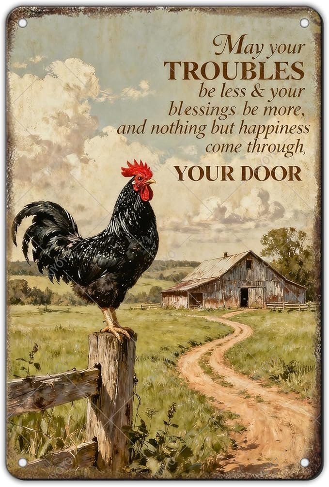 Funny Chicken Signs Farmhouse Rooster Crowing Farm Fence Aluminium Metal Chicken Signs Decor Home Farm Wall Decor for Coop Poster 12x8 Inch