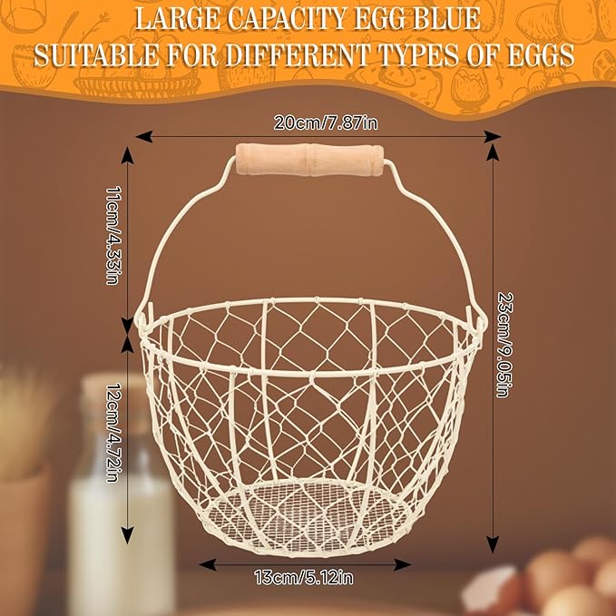 Egg Basket With Handle,Wire Egg Basket for Gathering Fresh Eggs, Round Egg Collecting Basket for Farm,Vintage Style Chicken and Duck Eggs Basket Egg Countertop Storage Container Holder ﻿(White)