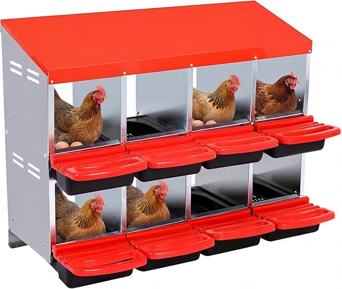 Chicken Nesting Box, 8-Hole Metal Wall Mount Chicken Laying Boxes with Legs and Lid Cover, Easy to Assemble, Roll-Away Egg Design Nesting Boxes for Outdoor Chicken Coop & Farm Yard, Red