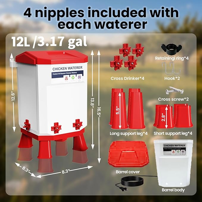 3.2 Gallon Heated Chicken Waterer with 4 Nipple Drinkers - Adjustable Height, BPA-Free, Freeze-Proof, 110V Electric, Suitable for Chickens, Ducks, Geese & Quails,12L (1 pc)