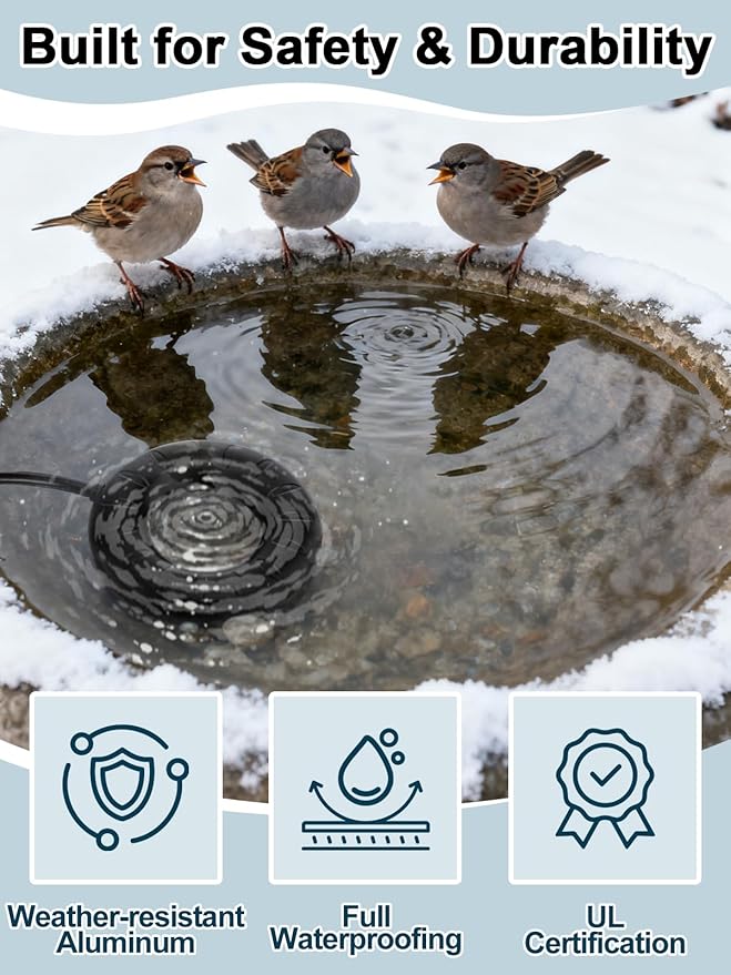 MEWTOGO 6.6ft Cord Bird Bath Heater for Outdoors in Winter - 70W Submersible Energy-Saving Chicken Coop Water Deicer with Thermostatic Control for Yard Patio to Keep Water Ice-Free