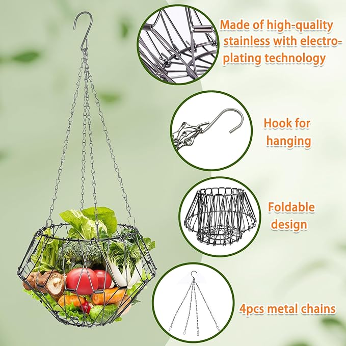 Hanging Chicken Feeder Accessories,11.81IN Large Foldable Chicken Vegetable Treat Holder Basket with 4Pcs Hanging Chain,Sturdy Poultry Feeding Cabbage Ball Boredom Toys for Chicken Coop(X-Large)