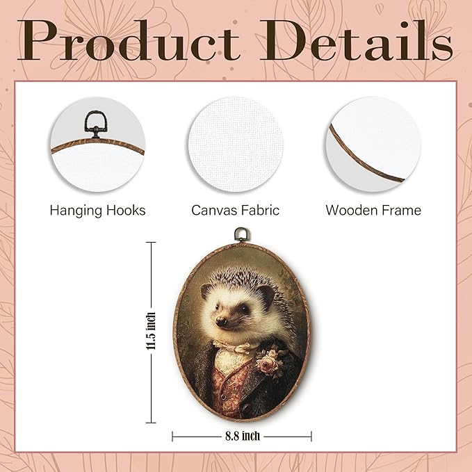 Hxlac Vintage Whimsical Hedgehog Oval Wall Art Framed, Renaissance Style Hedgehog Oval Wall Decor, Moody Animal Canvas Prints Wall Sculptures for Home Bedroom Living Room Gallery Decor, 8.5x11.5 Inch
