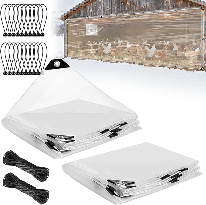2pcs 4x13ft Chicken Coop Covers Accessories for Winter - Easy to Install Waterproof Chicken Run Tarp with Elastic Cords & Ropes