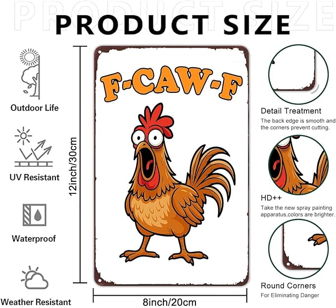 Funnysign Chicken Gifts Vintage Chicken F-CAW-F Tin Sign for Chicken-Coop Farm Kitchen Garden Yard Decor 8x12 inch (3918)