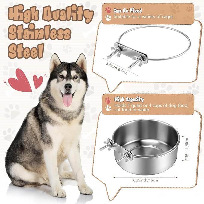 Zopeal 4 Pcs Stainless Steel Dog Bowls for Kennel Hanging 1 Quart Dog Feeder Crate Water Bowl Cage No Spill Puppy Bowls Pet Food Holder for Large and Medium Dogs Guinea Pig Rabbit Chicken Coop Cup