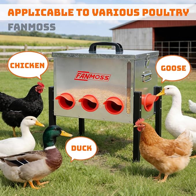 60lb Automatic Chicken Feeder, 8 Ports No Waste Chicken Feeder with Viewing Window, Locking Lid, Adjustable Legs & Waterproof Silo, Large Metal Poultry Feeder for Hens, Ducks, Geese, Poultry