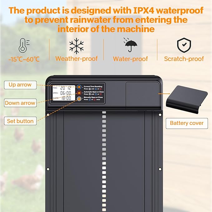 Automatic Chicken Coop Door, Electric Chicken Coop Door Battery Powered with Timer LCD Screen, Anti-Pinch Running Automatic Chicken Coop Door, Aluminum IPX4 Waterproof Auto Chicken Coop Door