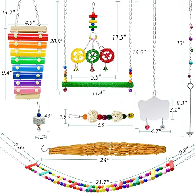 12PCS Longer Chain Chicken Toys for Coop Accessories,Xylophone Swing Flexible Ladder String Bag Vegetable Fruits Skewer Mirror Grinding Stone Pecking for Hens Bird Parrot