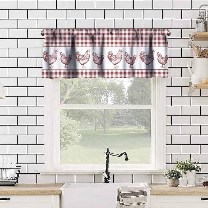 Rooster Valance Curtains Rustic Farmhouse Animals Retro Red White Buffalo Plaid Rod Pocket Curtain Valance for Kitchen Bedroom Living Room Decor 1 Panel W54xL18 Inch