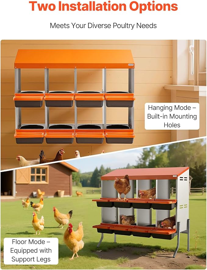 VEVOR Chicken Nesting Boxes, 8 Compartments, with Support Legs, Easy Egg Collection, Galvanized Steel and High-Strength Plastic, Roll Away Nesting Boxes for Chickens and Hens Laying Eggs, Orange
