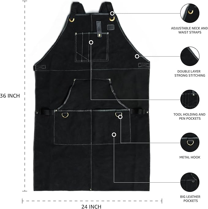 LEATHER VILLAGE Work Apron - Heavy Duty Woodworking Apron for Men with Tool Pockets for Woodworkers, Blacksmiths, Carpenters – Black Color (Size M to XXL)