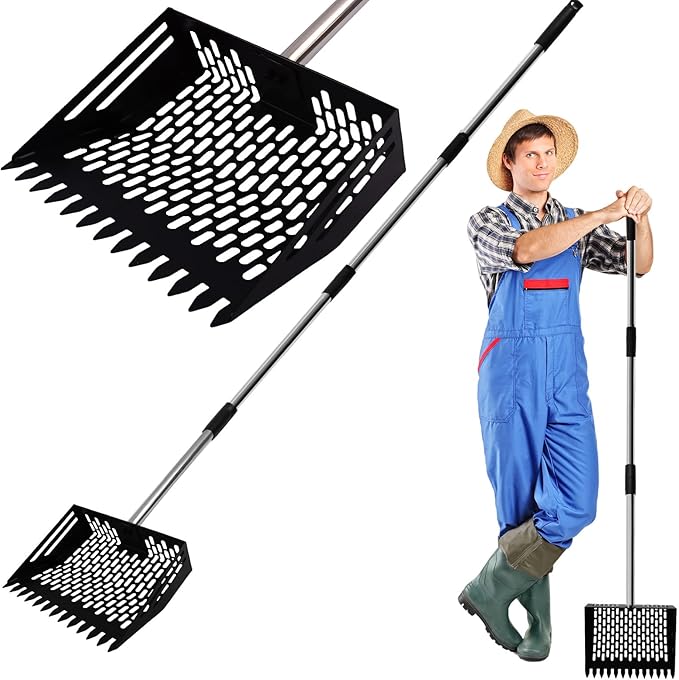 Chicken Poop Scooper & Rake,Metal Coop Scoop for Poop Sand with 35" to 62" Adjustable Stainless Steel Handle,Cleaning Supplies for Chicken Coops & Animals House