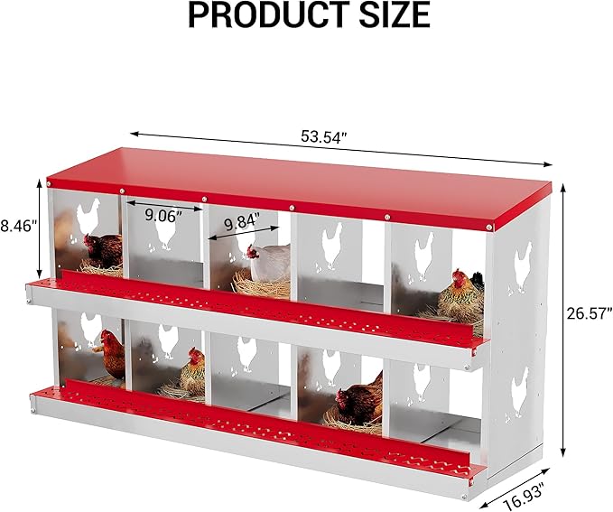 10 Hole Chicken Nesting Box, Galvanized Steel Nesting Boxes with Vented Design, Laying Nesting Boxes for Hens, Wall Mount, Red