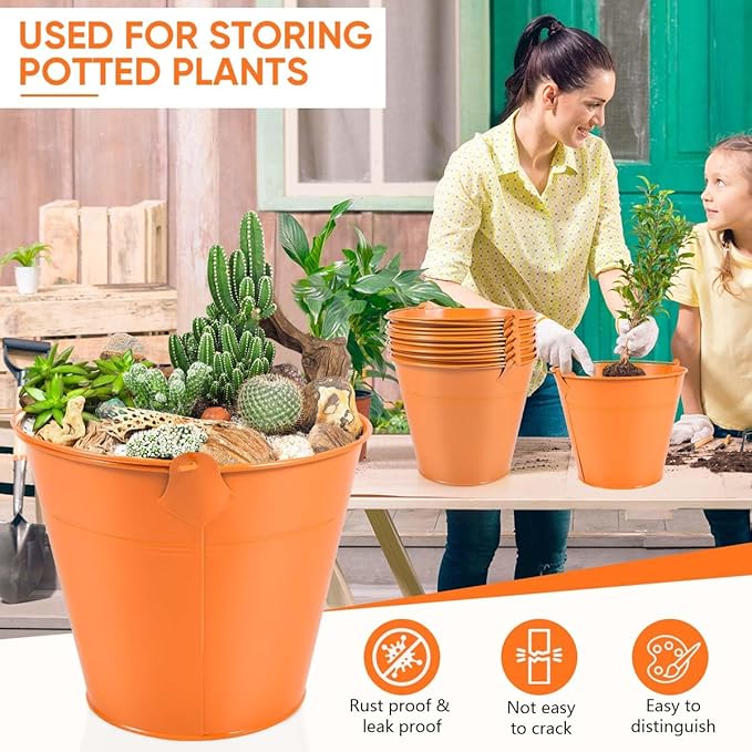 OBTANIM 7 Pack Orange Metal Buckets with Handle Galvanized Ice Pails for Plants, Succulents, Party Favors Organizing, Rustic Home Decor or Classrooms Pencil Storage (9.1 x 6.7 inch)