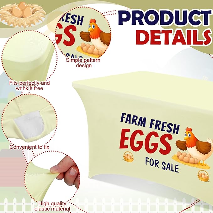 Oudain 6 ft Farm Fresh Eggs Tablecloth Stand Supplies Stretch Spandex Table Cloth Cover Rectangle Table Decor for Farmers Market Chicken Coop Small Business