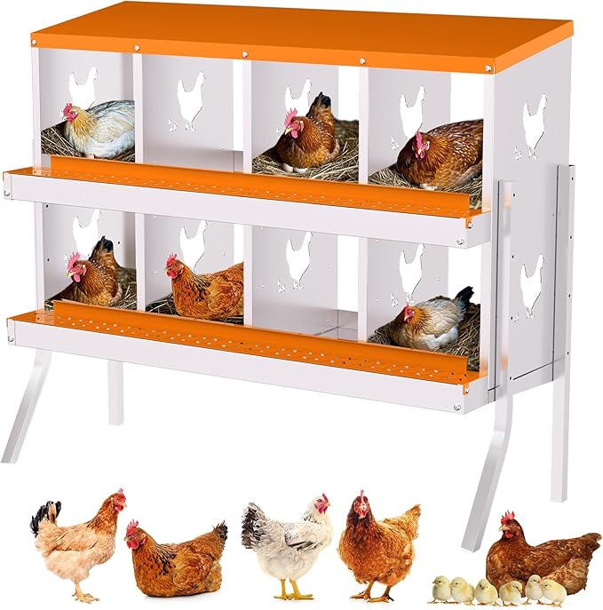 8 Compartment Chicken Nesting Box, Wall Mount Hen Laying Boxes with Legs & Removable Trays, 8-Hole Galvanized Steel Metal Hanging Poultry Nest for Backyard, Farms, and Chicken Coop, Egg Collection