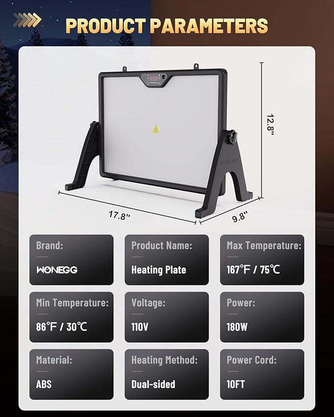 Dual-Sided Chicken Coop Heater for Winter, 180W Adjustable Temperature with Digital Display Panel, 360° Adjustable Angle, Timer & Cycle Mode, Built-in Light, 16 x 12 Inch Heat Plate for Chicken Coop