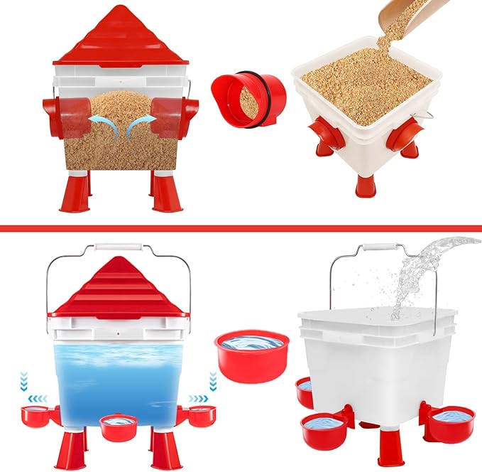 Chicken Feeder and Waterer Set, 13 lb No Waste Automatic Chicken Feeder Bucket & 2 Gallon Gravity Chicken Waterer, Poultry Feeder Kit with Vegetable Hanging Net, Chicken Coop Accessories for Hens