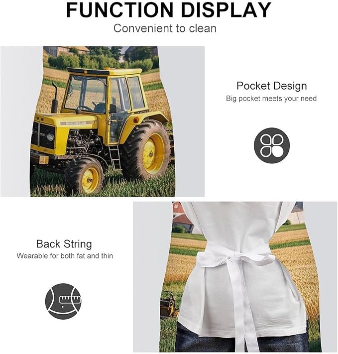 Adult Tractor Farm Apron Waterproof Apron with Large Pocket Adjustable Neck Strap Kitchen Bib Work Aprons Long Ties Cooking Baking Gardening Painting for Women Men