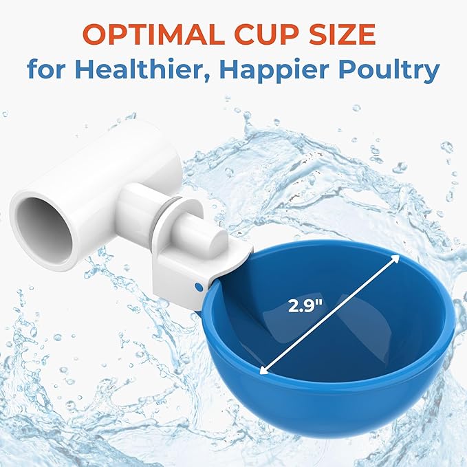 Lil'Clucker Large Automatic Chicken Waterer Cups and 1/2" PVC Tees - Chicken Water Feeder - Suitable for Chicks, Duck, Goose, Turkey and Bunny - Poultry Water Feeder Kit (Blue, 8-Pack)