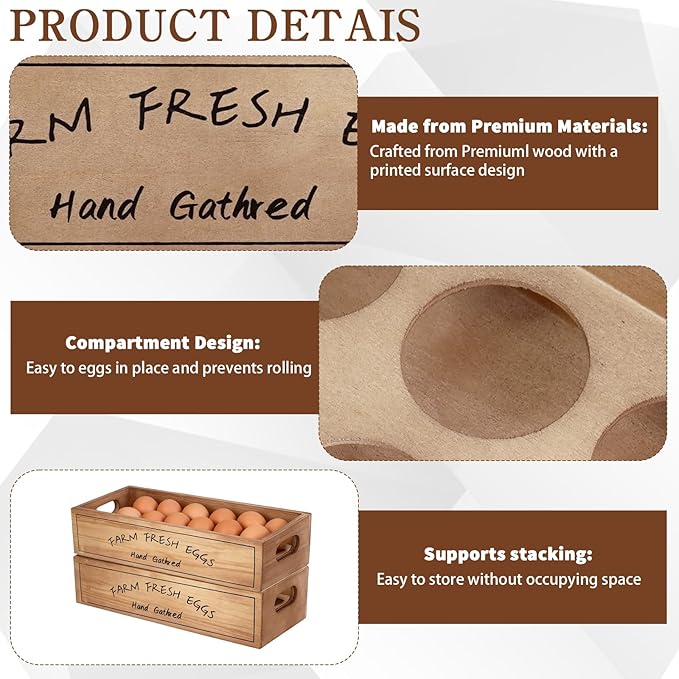 3 Pcs Farm Wooden Eggs Crate with Handle Natural Color Stackable Wooden Crates Rustic Storage Box for 36 Fresh Eggs Farm and Kitchen