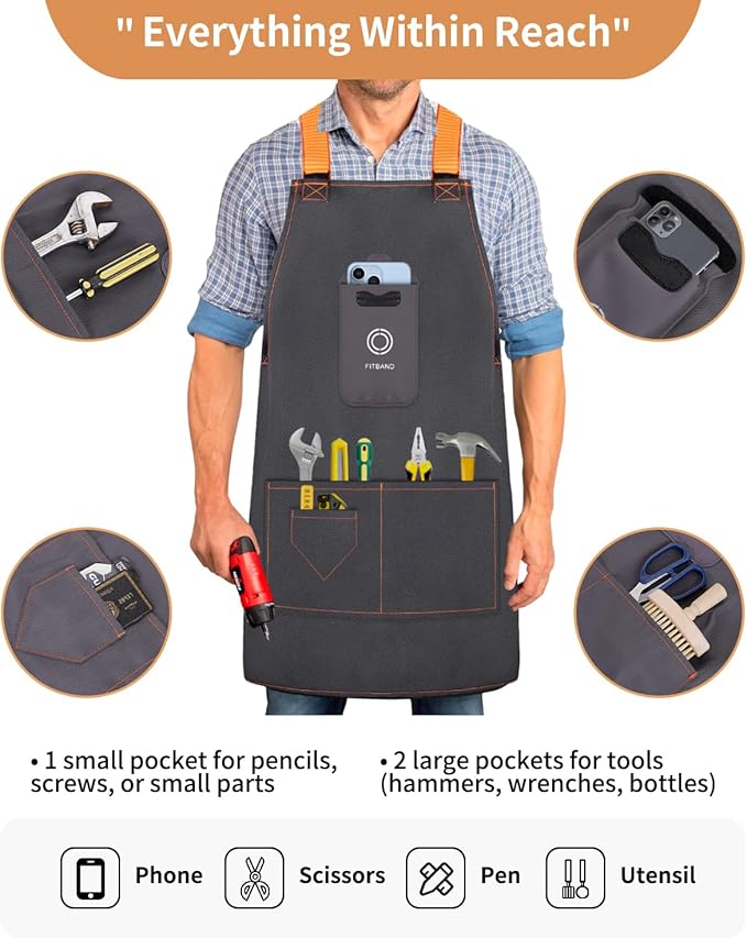 Adjustable Work Apron with Secure Multi Phone Pocket - Design for Cooking, BBQ, Gardening, Carpentry, Bartending, Serving