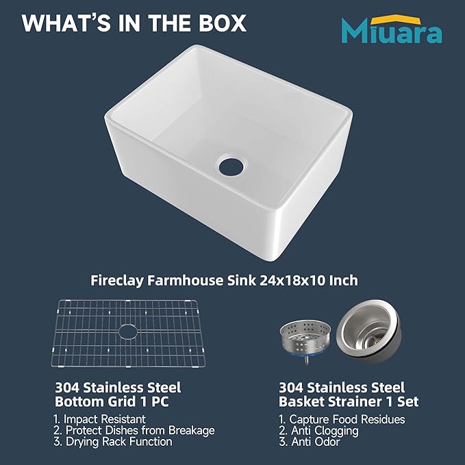 Miuara Farmhouse Sink 24 Inch - Small Apron Front Undermount Kitchen Sink Reversible 24"x18"x10", Farm House Style Single Bowl, Heavy Duty Solid Fireclay, Glossy White, for Kitchen & Laundry