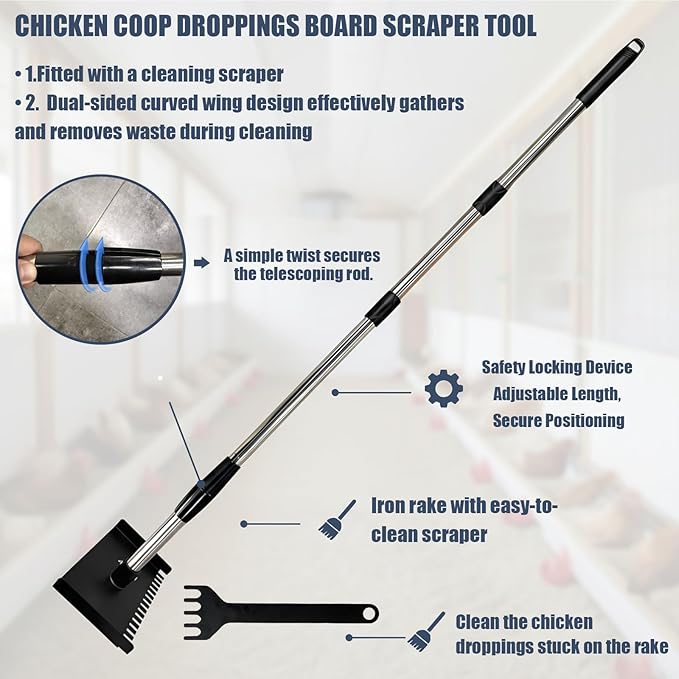 Chicken Coop Droppings Board Scraper Tool with Hand Scraper 68.5" Long Handle Chicken Coop Poop Scoop with Telescopic Pole, Dual-Sided Iron Rake & Flat Scraper, Essential Poultry Accessories