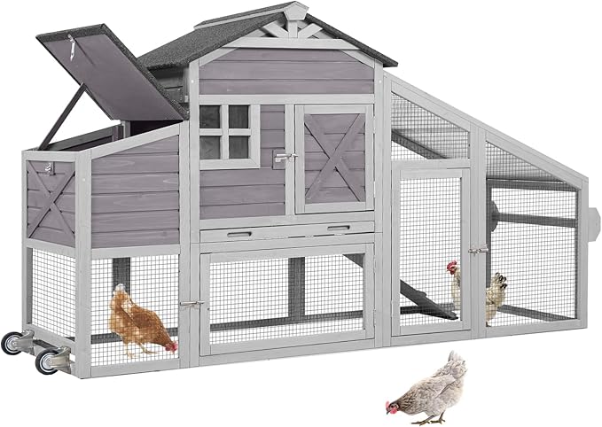 Large Chicken Coop for Outdoor with Nest Box and Removable Tray, Hen House Waterproof for 2-5 Chickens, Outdoor Poultry Cage with Wheels - Grey