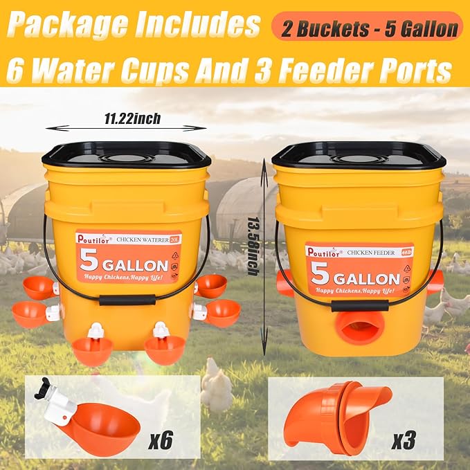 5 Gallon Automatic Chicken Waterer & 44 Lbs No Waste Feeder Set, Poultry Feeding Equipment with Buckets for Chicken Coop Accessories