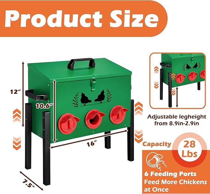 Large Capacity Automatic Chicken Feeder, 6 Port Chicken Feeder, 28LB Metal Chicken Feeders with Locking Lid & Adjustable Legs, No Waste Chicken Feeder, Green
