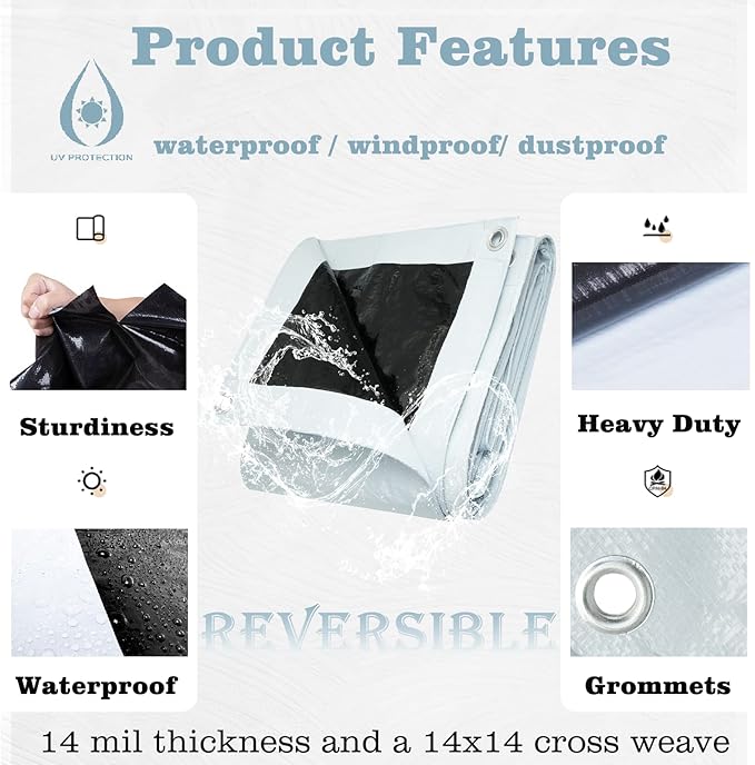 UCINNOVATE 10' x 20' Tarps 14 Mil Heavy Duty Waterproof White/Black Poly Tarp Cover, Thick Weatherproof UV Resistant Tarpaulin with Grommets, Tear Proof Large Protection Tarp for Camping Gazebo Roof
