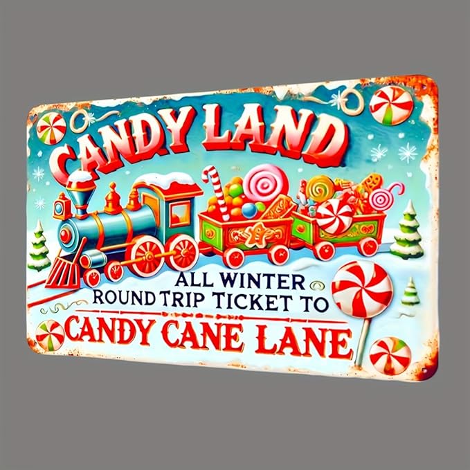 Vintage Candy Land Train Ticket Metal Sign, 12x8 Inch Wall Hanging Decorative Plaque, Retro Multipurpose Art for Home,Sweet Dessert Themed Tin Sign for Room Decoration - 1pc