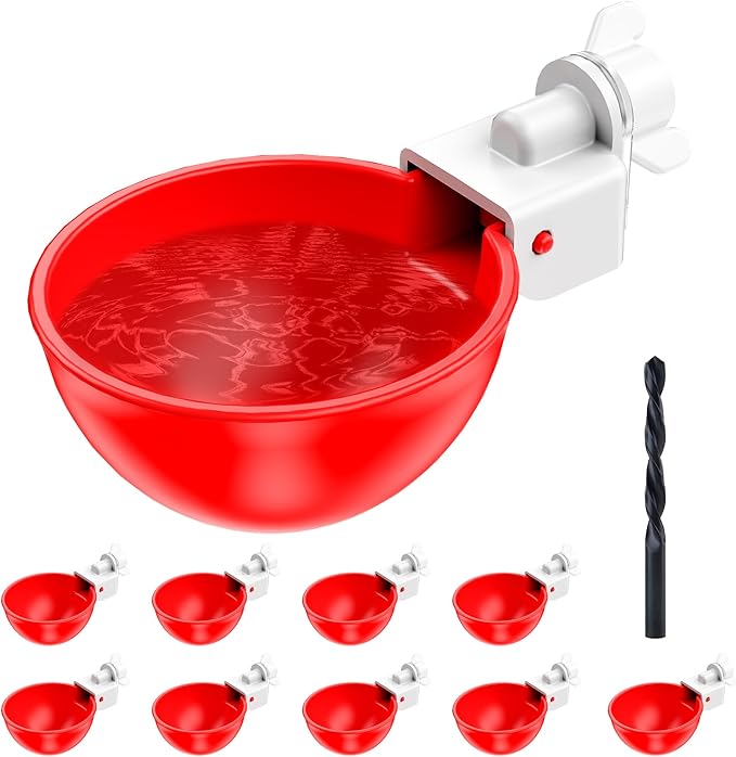 Chicken Waterer Cups, 10 Pack Automatic DIY Chicken Water Bowl with 3/8'' Hole Saw for Bucket, Trough - Poultry Drinking Valve, Easy Install