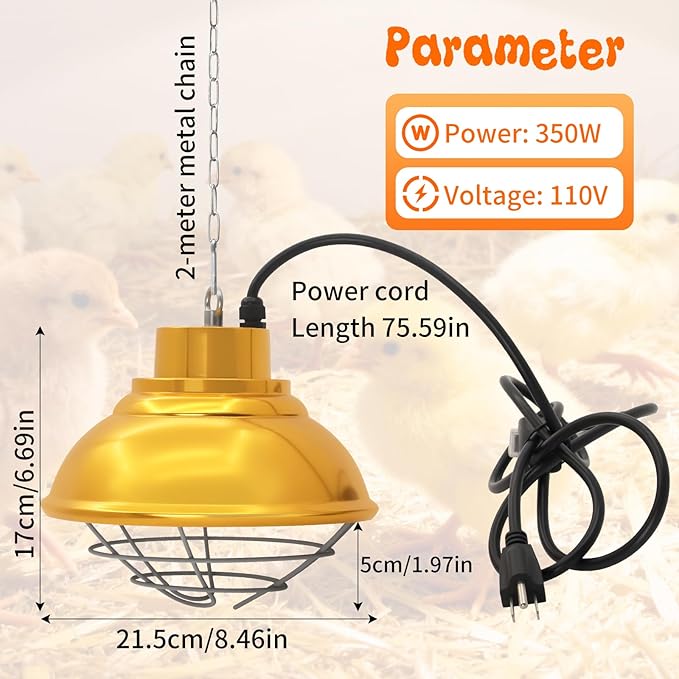 Chicken Coop Heater with Carbon Fiber Bulb, 600W Heat Lamp for Chickens Brooder, Chicken Heater Lamp with Adjustable 2-Mode Temperature & Hanging Height for Chick,Puppy,Cat,Goat,Piglet (350, Watts)