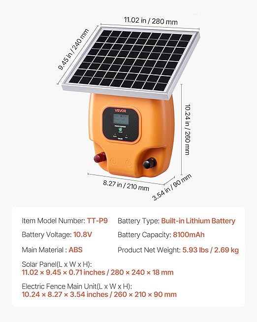 VEVOR Solar Fence Charger, 1J 10 kV Solar Powered Fence Charger, 1.86 Miles Range, Electric Fence Energizer Kit, Keep Out Predators, 3 Days Runtime, for Livestock, Poultry, Garden Protection