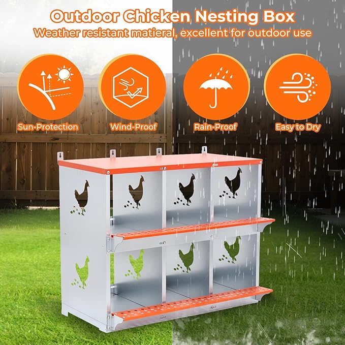 Chicken Nesting Box, 6 Compartment Metal Nesting Boxes for Chickens, Wall Mountable Chicken Laying Boxes, Easy Egg Collection, with Nesting Pads, Indoor & Outdoor Use, 31.8" L x 17" W x 25" H