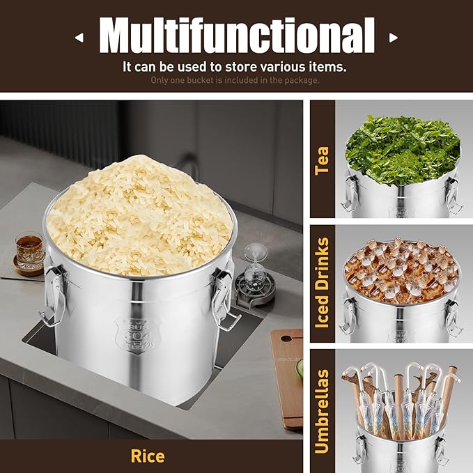 8.7Gal 304 Stainless Steel Airtight Canister for Kitchen, 28-60Lbs Rice Cereal Grain Canisters Container, Metal Kitchen Rice Oil Storage Bucket for Household Food w/Handles+Lid (Silver-33L)