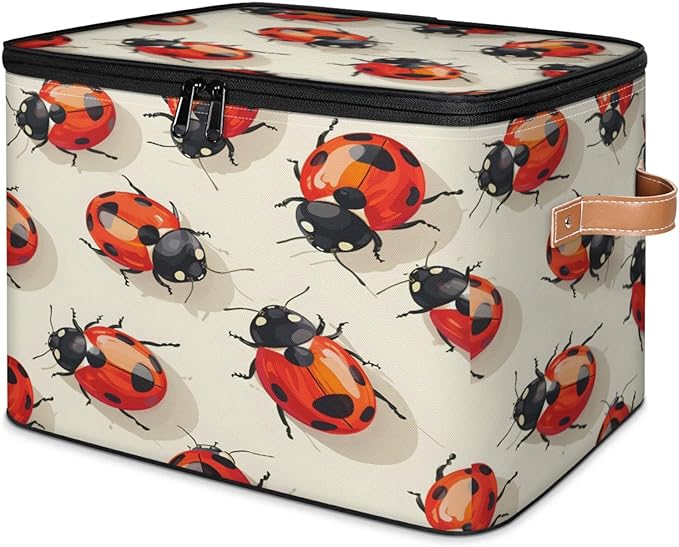 Storage Cubes with Lid Fabric Storage Bins Boxes PU Leather Handles, Cute Ladybird Closet Organizer Container Foldable Washable Shelf Cloth Basket, Red LabyBirds Ladybugs