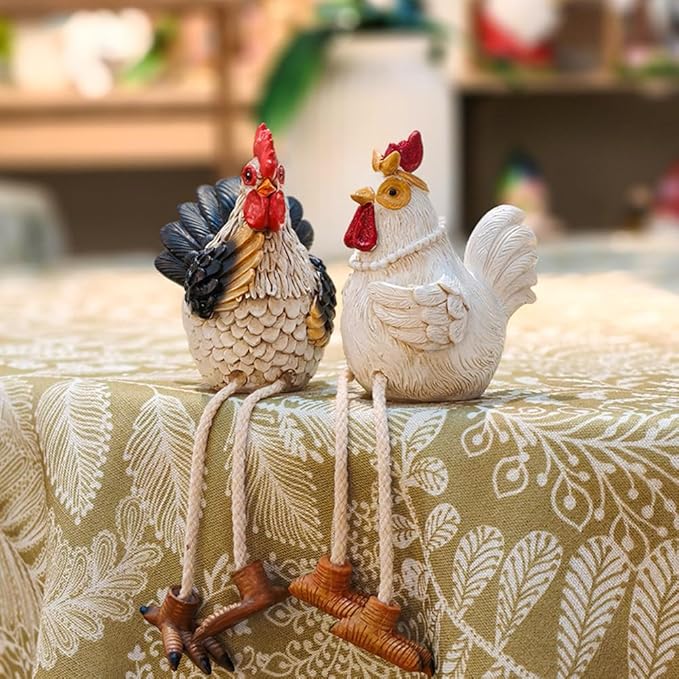 Funny Shelf Sitting Chicken Figurines – Farmhouse Rooster & Hen Statues with Dangling Legs – Rustic Tabletop Home Decor, Kitchen, Garden Ornaments (Set of 2)