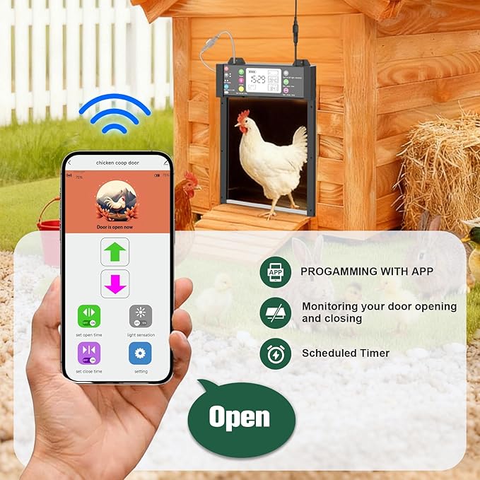 Automatic Chicken Coop Door, Smart TUYA APP Controlled, WiFi Enabled, Door Status Detection, Solar Powered, Anti Pinch, Auto Chicken Door with Timer & Light Sensor, LCD Display, 5 Modes