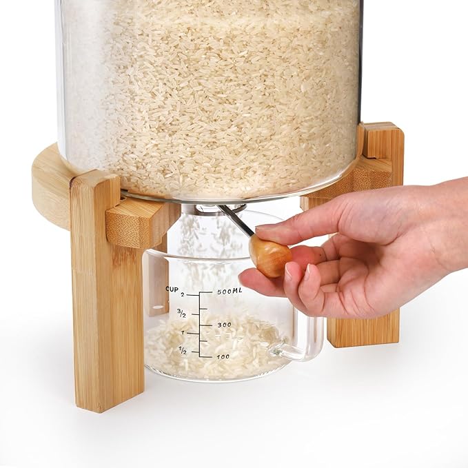5L Glass Rice Dispenser, Cereal Container with Bamboo Stand, Large Airtight Food Storage Bin, Rice Organization Tank with Measuring Cup for Grain Coffee Beans Dry Food