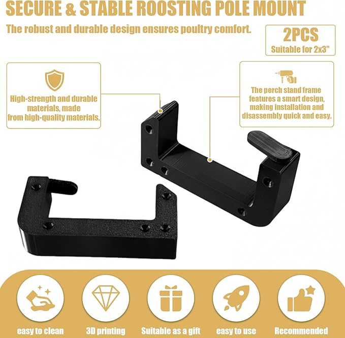 Heavy Duty Poultry Roost Bar Mount Brackets (2Pack) Includes Screws for Chicken Coops & Turkey Houses Easy Install/Remove Perch Holder for 2x3 Flat Lumber Durable Black Design (2x3'')