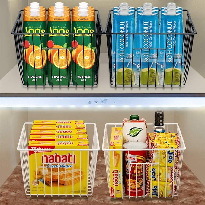 SANNO Black Closet Baskets Freezer Baskets Pantry Storage Wire Basket,Wire Basket Farmhouse Storage Organizer, Metal Household Storage Organizer Bin for Pantry Shelf Kitchen Cabinet Bathroom Black