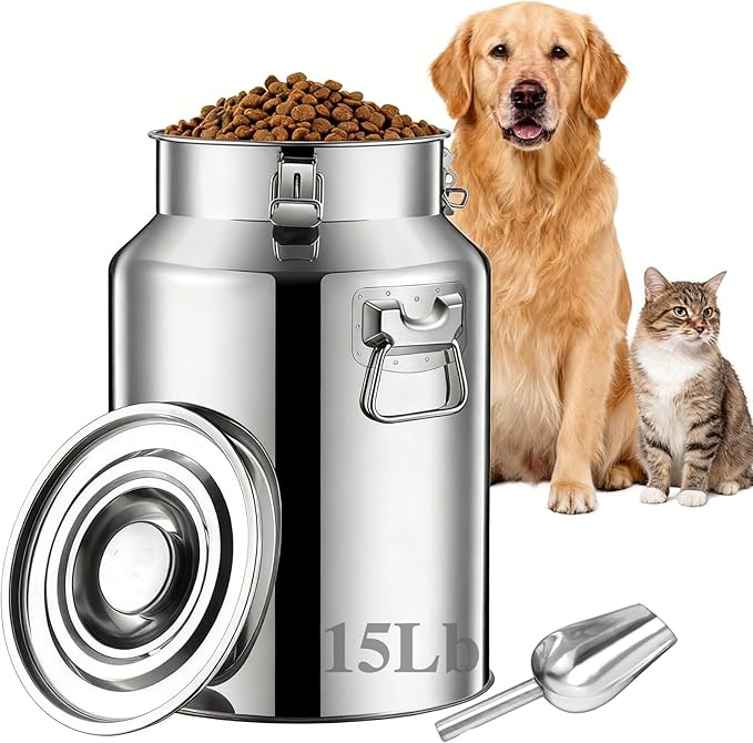 15 Lbs Stainless Steel Dog Food Storage Container with Scoop, Large Metal Dog Food Bin with Airtight Lid & Locking Clamp, Pet Treat Jars for Dogs & Cats, Keep Fresh, Easy to Clean