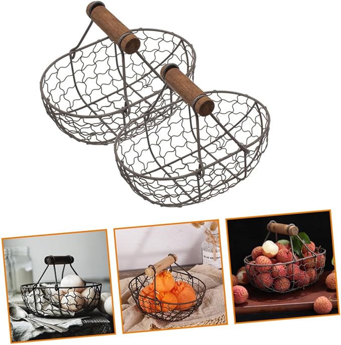 2pcs Small Iron Storage Basket with Wooden Handle, Farmhouse Style Metal Fruit and Egg Holder for Kitchen Countertop Organization, Vintage Rustic Wire Basket for Bread and Pantry